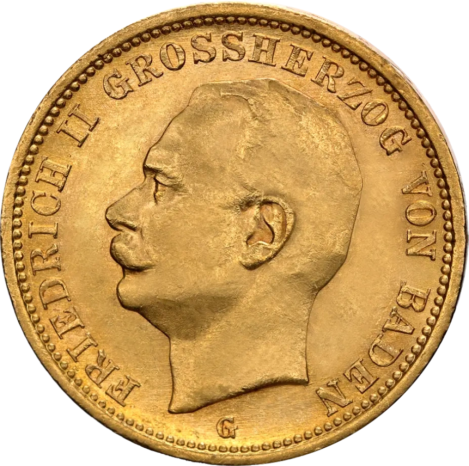 20 Marek Wielki Książe Fryderyk II Badeński Złota Moneta | 1907 - 1918